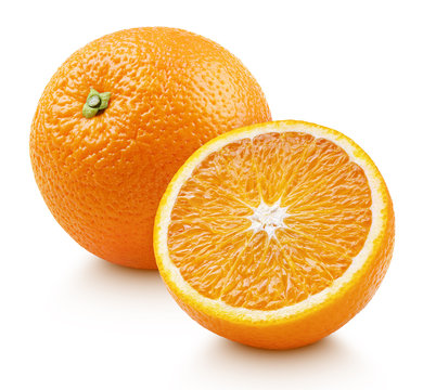 Whole ripe orange citrus fruit with half isolated on white background. Oranges with clipping path. Full depth of field.