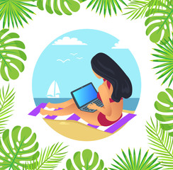 Back view of woman with long dark hair, freelancer sitting on mat, ship on sea. Round boarder with fern leaves, female working with laptop vector