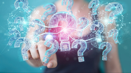 Businesswoman solving problem with digital question marks 3D rendering