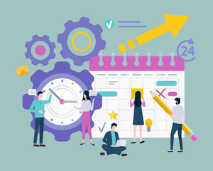 Schedule or organizer, planning or time management vector. Clock dial, businessman and businesswoman, calendar sheet with events, productive work