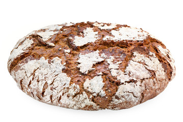 Round bread made of wheat and rye flour, isolated on white background