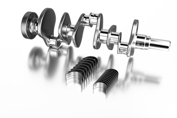 3D rendering. Crankshaft for 6v cylinders engine. Truck crankshaft on white background. Engine...