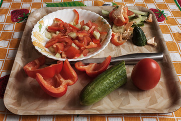 tomatoes, cucumbers and peppers in  form of salad and waste on  tray