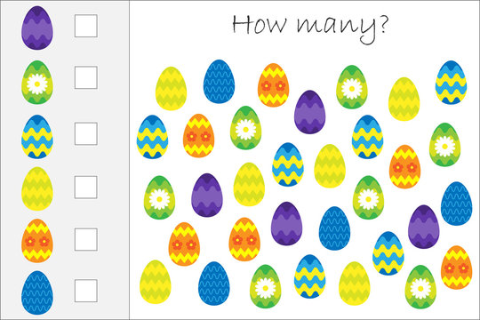 How many counting game with decoration easter eggs for kids, educational maths task for the development of logical thinking, preschool worksheet activity, count and write result, vector illustration