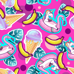 Summer seamless pattern with unicorn and ice cream. Zine Culture style summer background