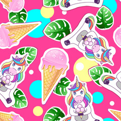Summer seamless pattern with unicorn and ice cream. Zine Culture style summer background