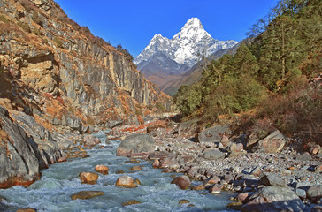 View on beautiful   Ama Dablam mountain and small river  , Everest Region, Sagarmatha National Park, Khumbu valley, Solukhumbu,  Himalayas mountains, Nepal  
