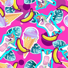Summer seamless pattern with unicorn and ice cream. Zine Culture style summer background