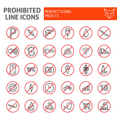 Prohibited line icon set, warning symbols collection, vector sketches, logo illustrations, forbidden signs linear pictograms package isolated on white background.