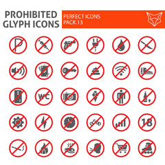 Prohibited glyph icon set, warning symbols collection, vector sketches, logo illustrations, forbidden signs solid pictograms package isolated on white background.