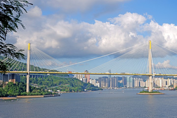 Hong Kong architecture car bridge , buildings, mountain and the bay