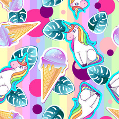 Summer seamless pattern with unicorn and ice cream. Zine Culture style summer background