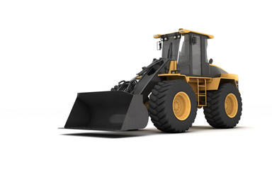 Powerful yellow wheel hydraulic bulldozer with black bucket isolated on white. 3D illustration. Perspective. Front view. Left side.