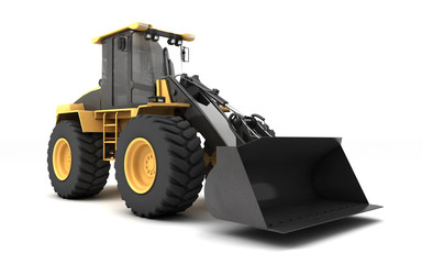 Powerful yellow hydraulic bulldozer with black bucket isolated on white. 3D illustration. Perspective. Front view. Right side.