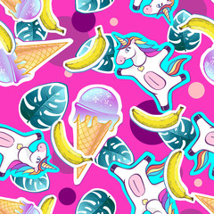 Summer seamless pattern with unicorn and ice cream. Zine Culture style summer background