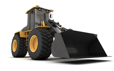 Powerful yellow hydraulic bulldozer with black bucket isolated on white. 3D illustration. Perspective. Low angle. Front view. Right side.