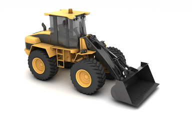 Powerful yellow hydraulic bulldozer with black bucket isolated on white. 3D illustration. Perspective. High angle. Front view. Right side.