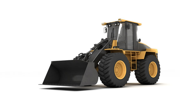 Powerful yellow wheel hydraulic bulldozer with black bucket isolated on white. 3D illustration. Perspective. Front view. Left side.