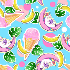Summer seamless pattern with unicorn and ice cream. Zine Culture style summer background