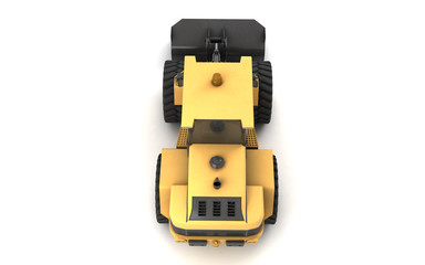 Fototapeta premium Powerful yellow hydraulic bulldozer with black bucket isolated on white. 3D illustration. Top view. Directly above. Rear view. High angle.