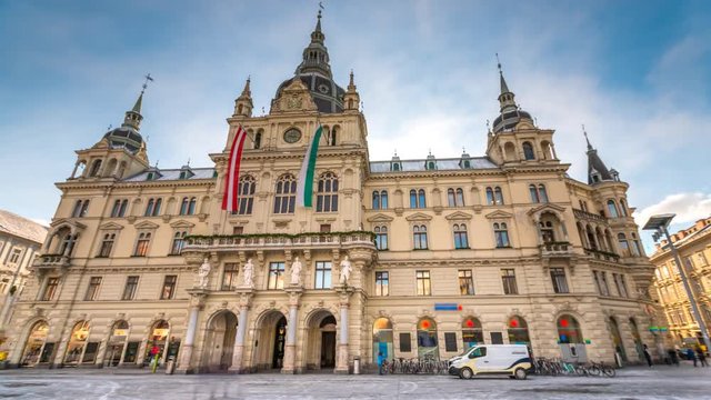 Town hall in graz city austria hyperlapse timelapse video in 4k. Graz city centre square.