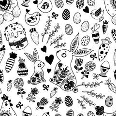 Cute line seamless pattern for Easter holiday. Rabbits, Easter eggs, hen hen and  chickens, willow and flowers. Can be used for wallpaper, pattern fills, web page background, postcards.