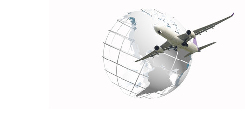  world logistics,  world map background and big white airplane is flying for Business trip with Commercial plane, Transportation, import-export and logistics, Travel concept