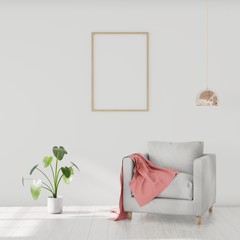 Minimalistic modern interior with an armchair, poster mockup for your design. You can use this mockup to display your artwork. 3D render.