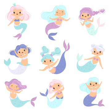 Collection of Sweet Little Mermaids, Lovely Fairytale Girl Princess Mermaid Characters Vector Illustration