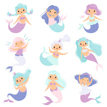 Cute Little Mermaids Set, Lovely Fairytale Girl Princess Mermaid Characters Vector Illustration