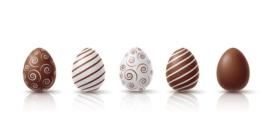 Chocolate eggs with shadow isolated on white background. Vector product icons template for Easter design.