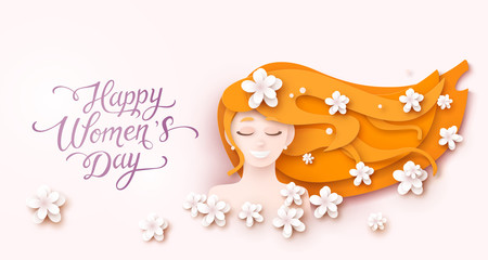 Postcard with paper flying flowers and happy girl on pink background. Vector spring banner for  International Women's Day greeting card design.