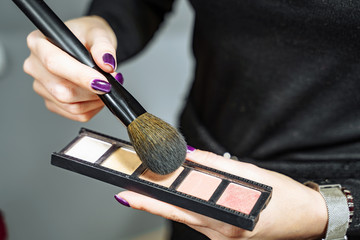 Female makeup artist with cosmetics at work close-up