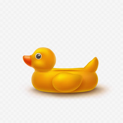 Duck isolated on transparent background. Yellow inflatable swimming pool ring. Vector 3d float vacation icon. Summer beach or bathroom toy template.