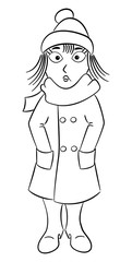 woman with a thick coat, a scarf and a cap that freezes
