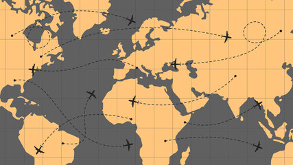 Obraz premium World map with airline routes, silhouette of world map with icons of airplanes, international flights, dotted line air path. Vector illustration