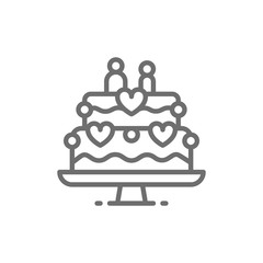 Wedding cake with figures of newlyweds line icon.
