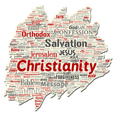 Vector conceptual christianity, jesus, bible, testament old torn paper  word cloud isolated background. Collage of teachings, salvation resurrection, heaven, confession, forgiveness, love concept