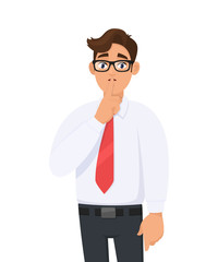 Portrait of young handsome businessman making shh gesture, keeping secret or asking silence with finger on lips. Keep quiet! Shh! Silence please! against white background in cartoon illustration.