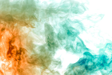 Fototapeta premium Colorful steam exhaled from the vape with a smooth transition of color molecules from yellow to blue on a white background like a collision of two jets of smoke.