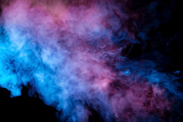 Beautiful horizontal column of smoke in the neon bright light of blue pink and orange on a black background exhaled out of the vape, mocap and print for t-shirt.