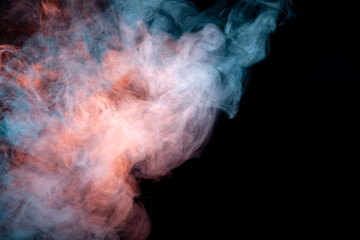 Background of orange, purple, red and blue wavy smoke on a black isolated ground. Abstract pattern of steam from vape of smoothly rising clubs. Mocap and print for t-shirt.