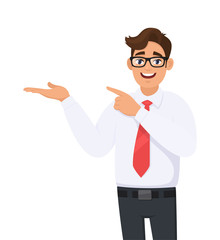 Businessman showing and pointing hand to copy space side away, concept of advertisement product, introduce something. Man shows presenting gesture or sign. Cartoon illustration in white background.