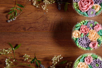 Delicious, appetizing, fragrant dessert. Triple delicious light dessert, decorated with oil flowers.