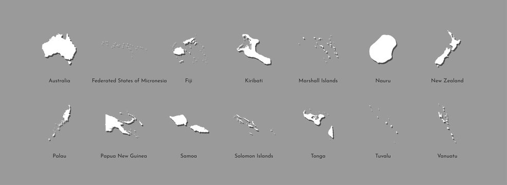 Vector illustration set with simplified maps of all Oceania states (countries: Australia, Micronesia, Fiji, Marshall islands and others). White silhouettes, grey background. Alphabet order