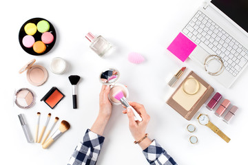 Beauty blogger with makeup cosmetics.