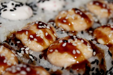 Sophisticated rolls of sauce, ginger and sesame, Japanese food