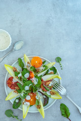 Chicorée Blutorangen Salat mit Soja Joghurt Dressing auf einem hellen Betonhintergrund