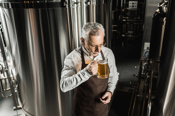 senior owner testing beer in professional brewery