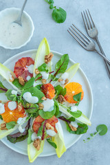 Chicorée Blutorangen Salat mit Soja Joghurt Dressing auf einem hellen Betonhintergrund